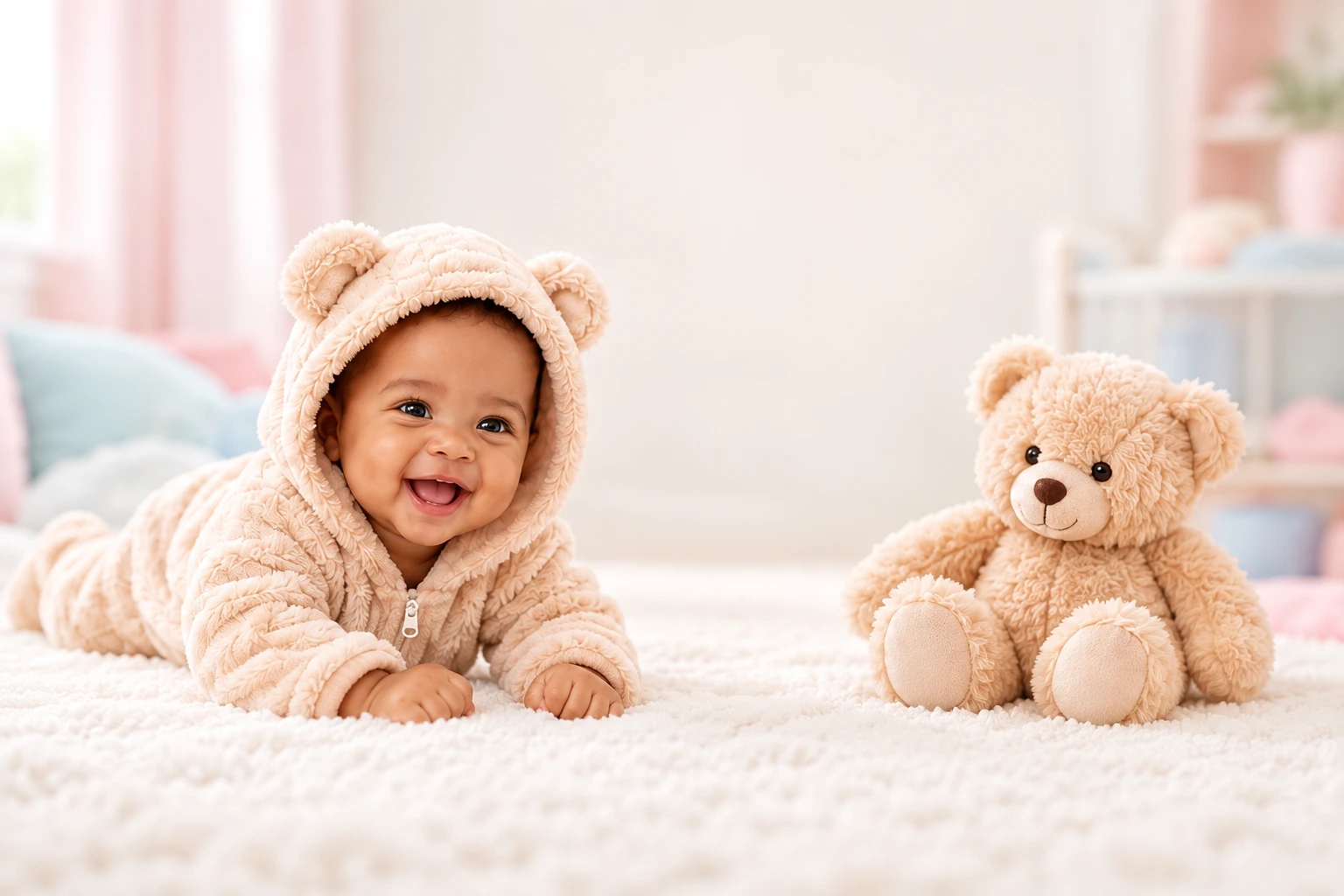 Smiling baby beside a soft teddy bear